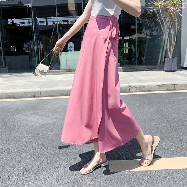 

skirts limiguyue summer vintage midi one piece women loose solid high waist lace up holiday bohemian beach chiffon skirt k365, Black