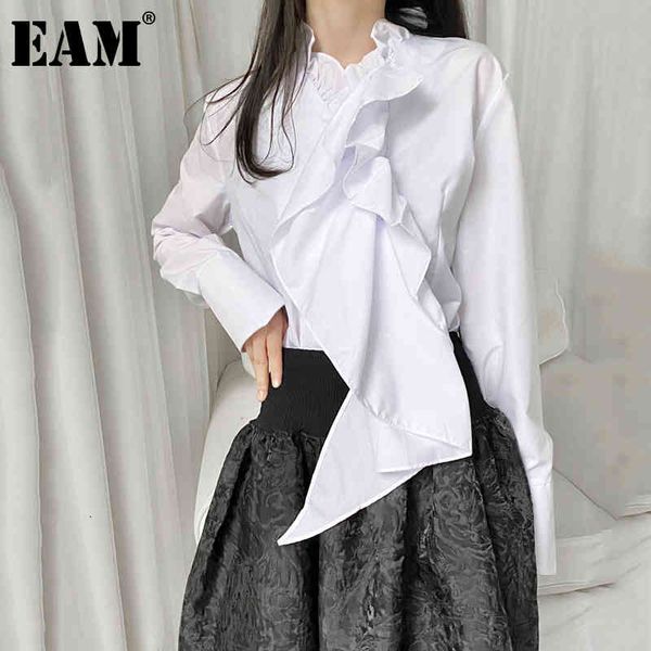 

[eam] women white ruffle casual irregular blouse lapel long sleeve loose fit shirt fashion spring summer 1dd8324 210512