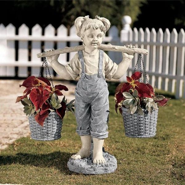 

14x5x16cm home art decoration resin garden micro carving the girl carrying water decorates grass pole bamboo basket storage decorations