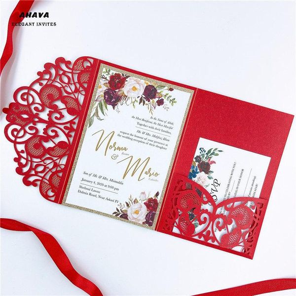 

greeting cards 50x laser cut tri-fold red lace floral pocket fold wedding invitation card invite rsvp customize envelope