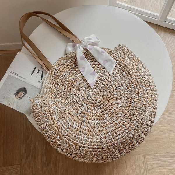 

evening bags round shape hand-woven women's shoulder handbag bohemian 2021 summer straw beach large tote bag ribbons shopper weaving