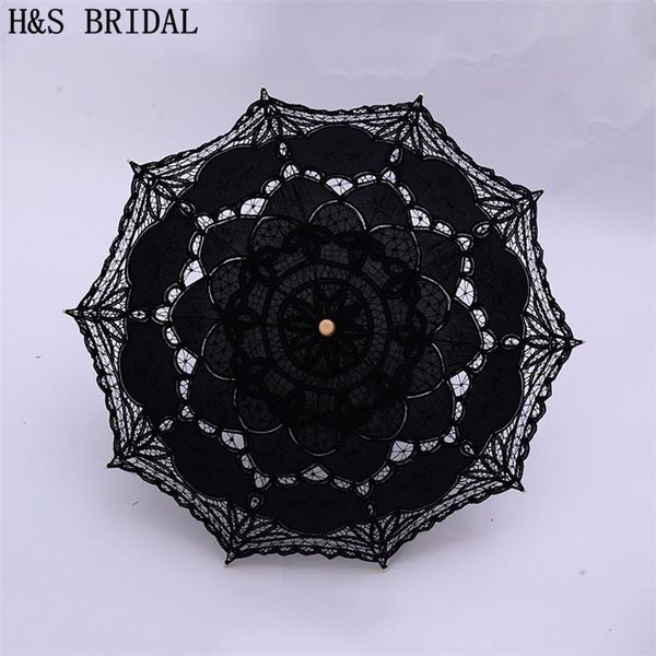 

andere accessoires hs bridal paraplu vintage victoriaanse witte kant handleiding openen bruiloft zwarte bruid parasol voor douche, White