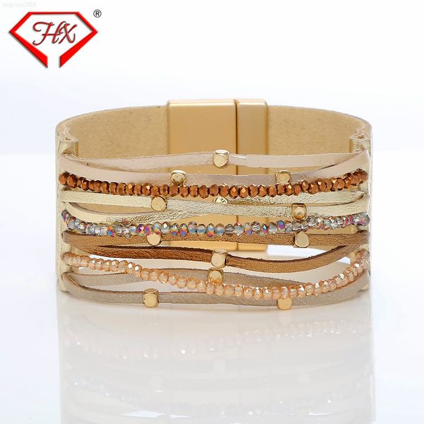 

luxury leather women's fashion magnet buckle multi-layer crystal designer jewelrymen bracelets, Golden;silver
