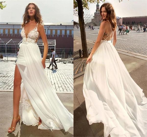 

beach boho wedding dress with belt lace spaghetti straps a line bridal gown sweep train criss cross open back side slit robe, White