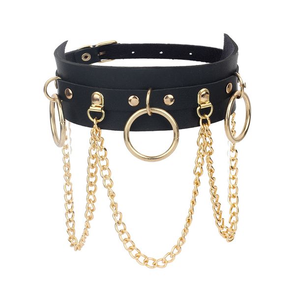 

black leather choker collar circle pendant necklaces for women punk chain harajuku necklace girls party gothic jewelry, Golden;silver