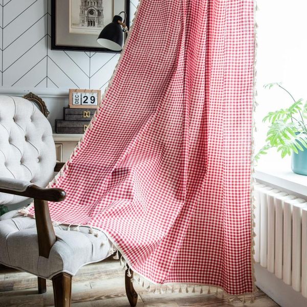 

curtain & drapes pastoral plaid check french window curtains with tassel linen cotton living room treatments ready made cortinas