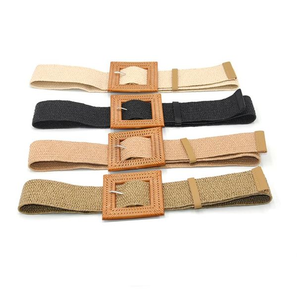 

belts bohemian beach dress summer elastic imitate woven straw waist square buckle adjustable woven-straw waistband, Black;brown