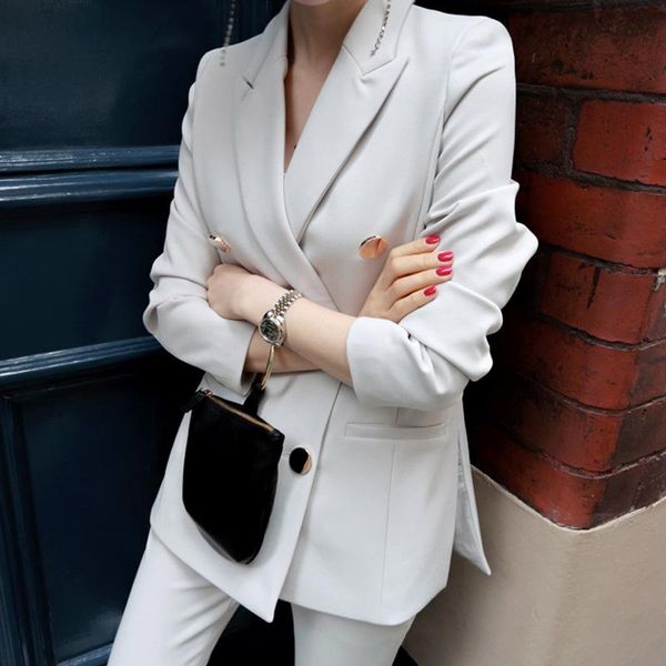 

women's suits & blazers slim women casual pants double breasted golden button elegant attractive pure color office lady, White;black