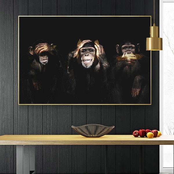 Dark Wise 3 Affen-Gorilla-Bilder, Tierposter und Drucke, Leinwandgemälde, Wandkunst für Wohnzimmer, Kinderzimmer, Dekoration