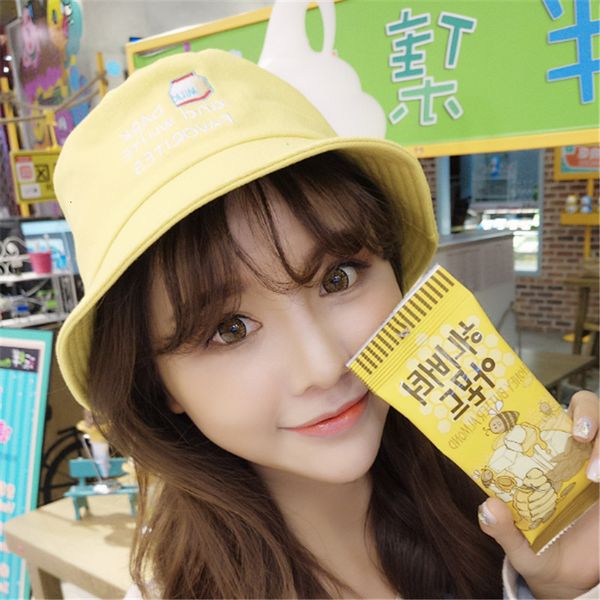 

personality soft girl fisherman's hat spring and autumn text embroidered hat black foldable sunshade hat fashion