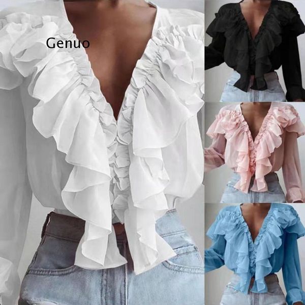 

women's blouses & shirts plus size 5xl women fashion ruffles blouse 2021 autumn long sleeve shirt deep v-neck elegant office party, White