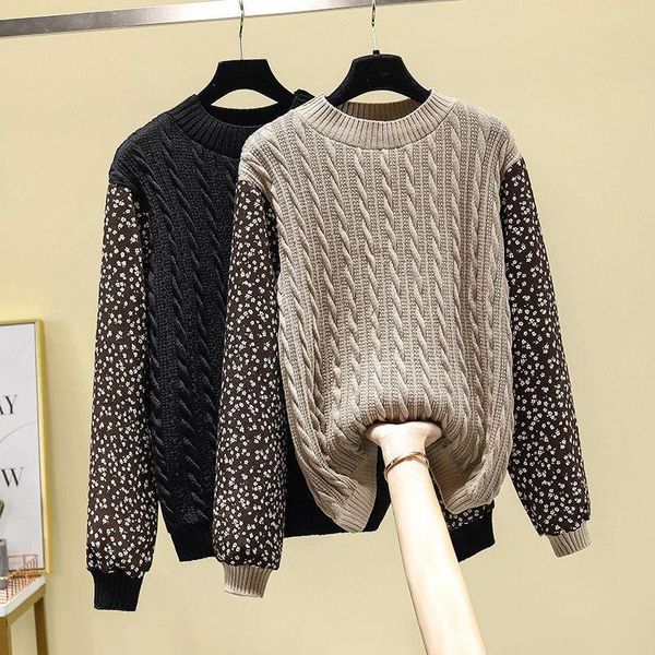 

women's sweaters 2021 autumn winter thicken sweater korean vintage print long sleeve patchwork cable-knit pullovers loose all-match chi, White;black