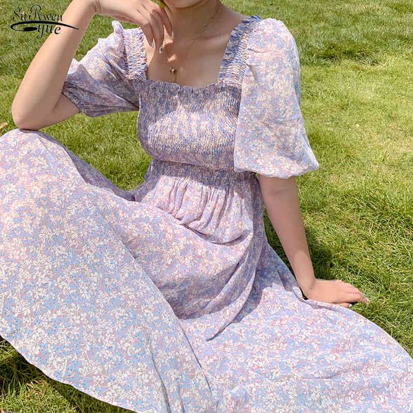 Verão Chiffon Floral Buff Manga Quadrado Collar Mulheres Vestido Coreano Prairie Chic Vintage Maxi Robe Longue Femme ETE 14672 210518