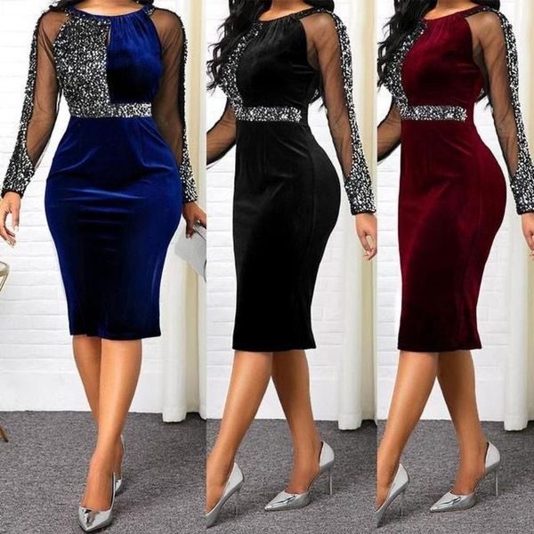 

casual dresses lugentolo sequins dress women corduroy mesh long sleeves plus size silm round neck knee-length for, Black;gray
