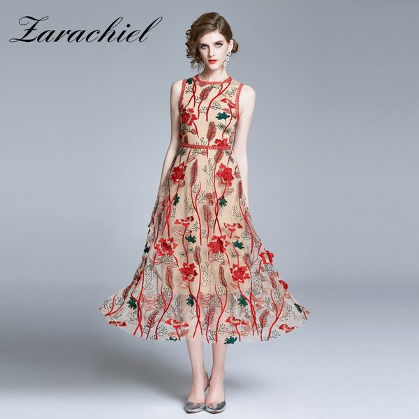 

dresses vintage beach party women elegant sleeveless o-neck flower embroidery mesh es female summer tank long, Black;gray