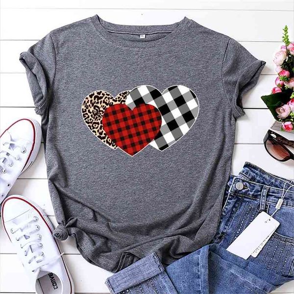 JCGO Sommer Frauen T-shirt Baumwolle Plus Größe 5XL Nette Plaid Herz Druck Grafik Tees Tops Kurzarm Oansatz Casual frau T-shirts 210623