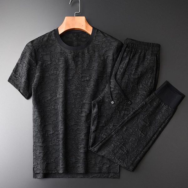 

men's tracksuits 21c mans sets (t-shirts+pants ) luxury wrinkle fabric round collar short sleeve mens summer elastic waist male, Gray