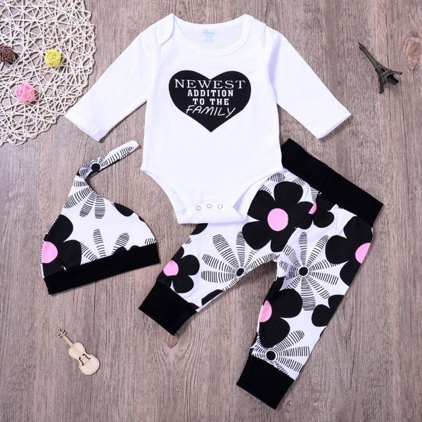 

love pattern bodysuit+floral pants+hat est addition to the family printed toddle girls outfit 2021 infant baby girl 3 pcs set clothing sets, White