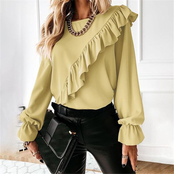 

women's polos elegant office lady ruffle stitching flared sleeve bottoming shirt solid casual round neck long-sleeved pullover 2021, White