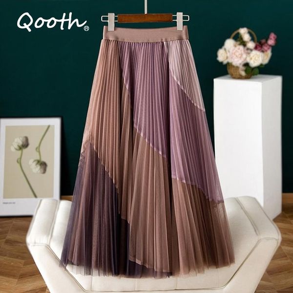 

qooth color matching mesh fluffy skirt spring contrast stitching pleated high waist a-line lining qt559 210609, Black