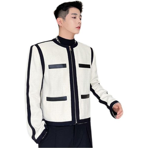 

men's jackets autumn man streetwear korean trend coat men vintage fashion stipe splice zipper collarless short jacket, Black;brown