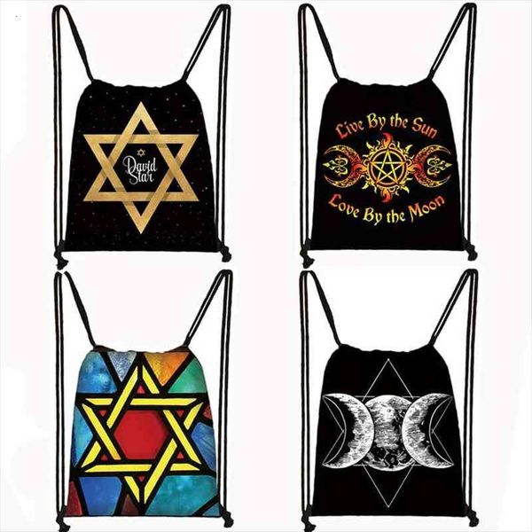 

triple moon goddess star of david backpack women men travel bag wicca witchcraft storage canvas drawstring bags