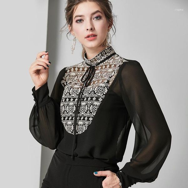 

924036 gauze embroidered blended silk shirts women's fashion loose-fit slimming lantern sleeve elegant shirt1, White