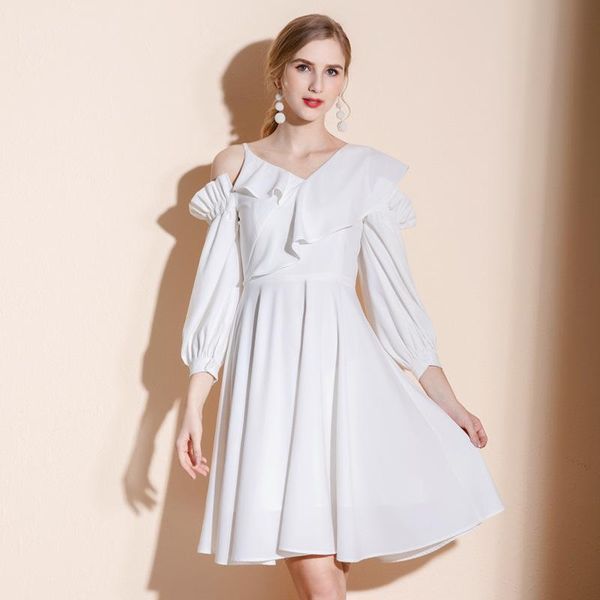 

casual dresses 2021 summer white dress high-grade fashion temperament sling shoulder flounce waist show thin female, Black;gray