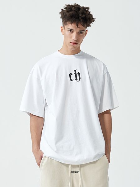 

factory brand ch chinism ch short t-shirt men's wash make old pure cotton tide brand loose and versatile drop shoulder black bo goms, White;black