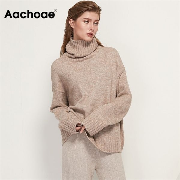 

aachoae autumn winter women knitted turtleneck cashmere sweater casual basic pullover jumper batwing long sleeve loose 210413, White;black