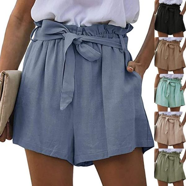 

women's jeans 2021 summer casual paper bag belt pocket loose elastic lace up pleated wide leg shorts cargo pants women, Blue
