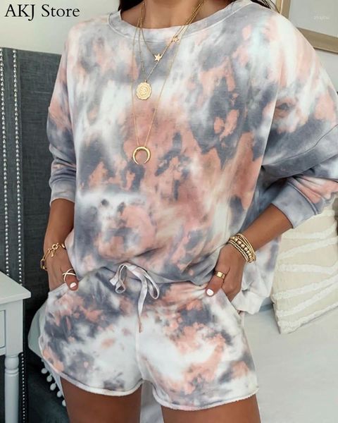 

women 2 pcs tie dye print casual & drawstring short set two piece dress, White