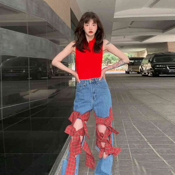 

women's jeans plus size pants with bow, high-waisted summer pants, slim design, torn, straight leg, 35mg, Blue