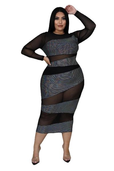 

plus size dresses women casual patchwork sheath office dress mesh see through long sleeve o neck bodycon skinny outfits, Black