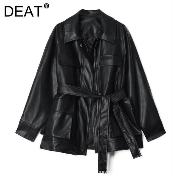 

women's leather & faux [deat] 2021 women fashion tide coat black turn-down collar long-sleeved loose pu temperament jacket autumn
