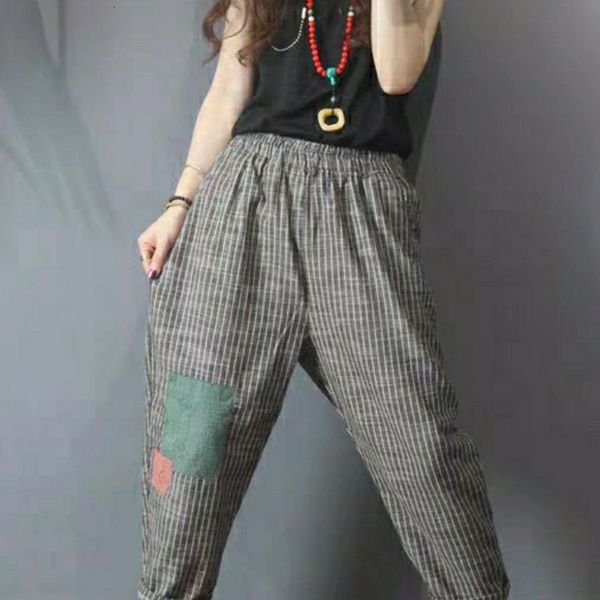 

women's jeans summer arts women elastic waist calf-length loose pants cotton linen vintage stripe casual harem plus size m183 7f3q, Blue