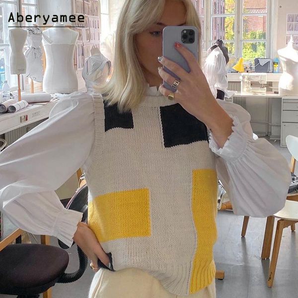 

women's vests aberyamee long knitted vest patchwork round neck autumn lady outwear casual sleeveless vintage cotton clothes female, Black;white