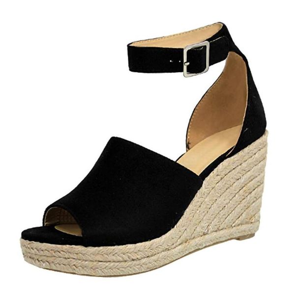

women sandals casual linen canvas wedge platform buckle ankle strap high heel pump espadrilles ladies shoes, Black