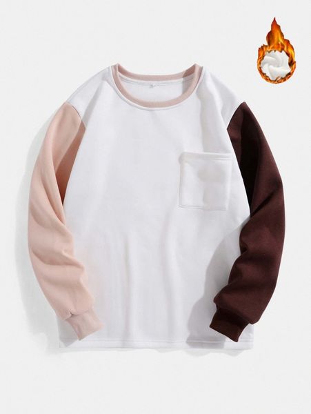 

men contrast sleeve pocket patched thermal lined sweatshirt l4t7#, Black