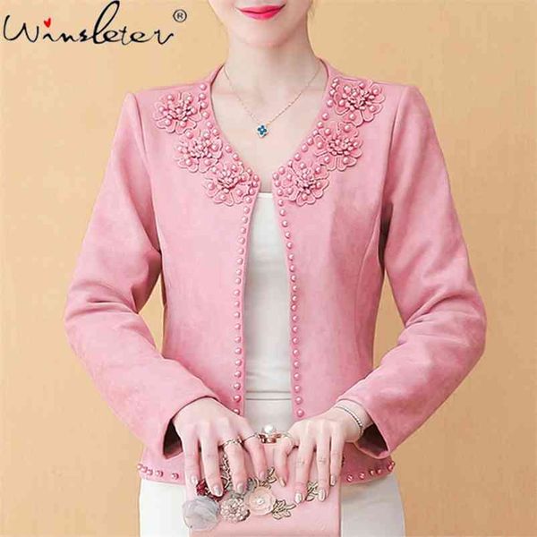 

fall winter clothing for women suede jacket cardigans flower pearl beading short coat long sleeve cape plus size s-4xl c09602w 210421, Black;brown
