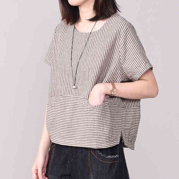 

women's t-shirt summer arts style women short sleeve loose o-neck tshirt cotton linen striped casual tee shirt femme plus siz, White
