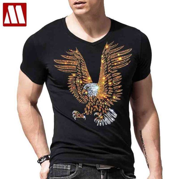 Moda Streetwear Homem Falcon Roupas Animal Águia 3D Rhinestone T-shirt Verão Casual Homens Hawk T Camisetas Masculinas Manga Curta Tops W220221