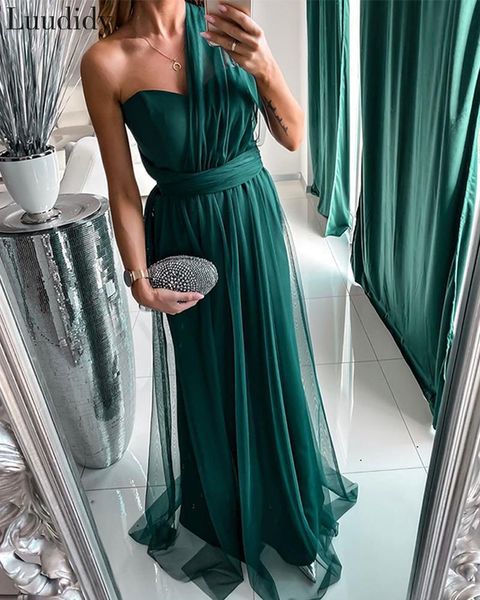 

women elegant mesh one shoulder evening maxi dress solid maxi dress sleeveless mesh party dress x0521, Black;gray