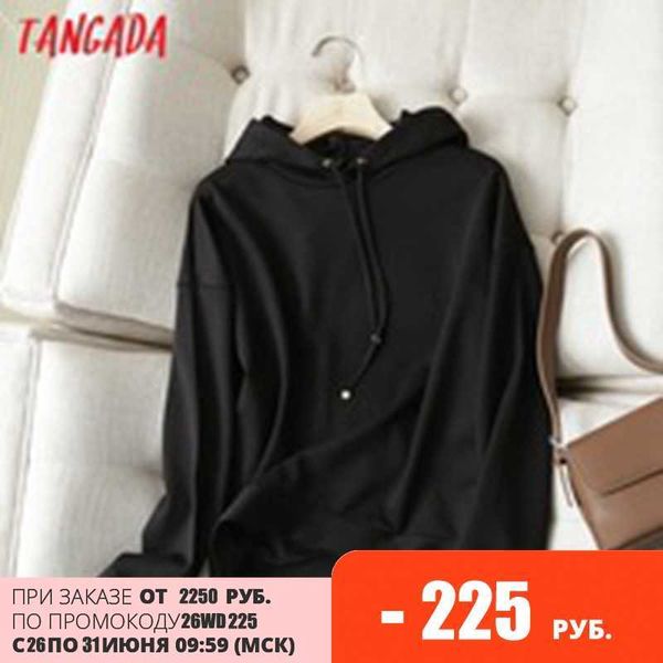 Tangada Donne Nero Felpa Con Cappuccio Felpe Moda 2020 Oversize Signore Pullover Giacca Con Cappuccio 6D84 Y0820