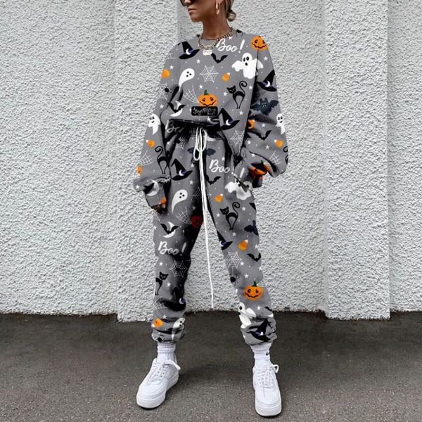 

Halloween pattern women's pants autumn and winter women's sportswear thickened fleece cotton suit 2-piece sweatshirt pants suit, White