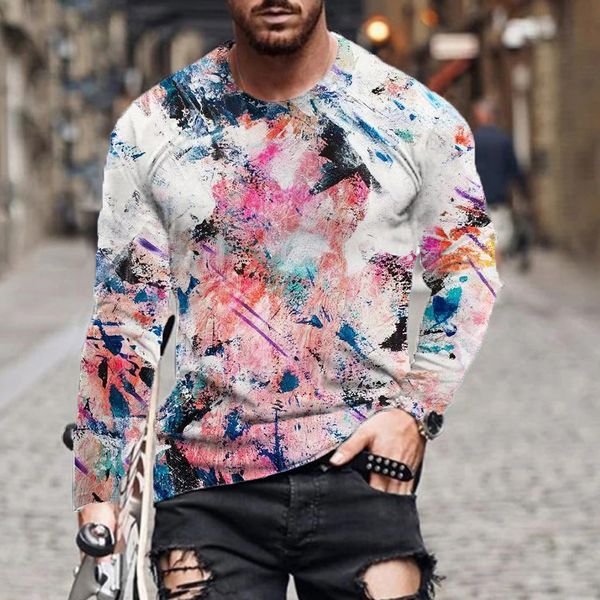 

3d printing watercolor ink splash ink printing men's long-sleeved round neck t-shirt, White;black