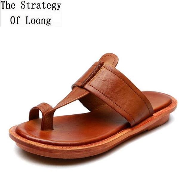 

slippers summer outdoor fashion retro sewing genuine leather women open toe flat heels lady flip-flops 20210304, Black