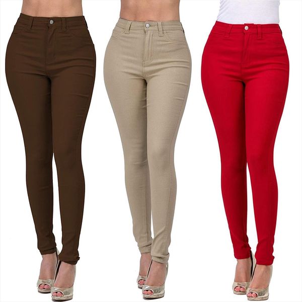 

pure color feet jeans fashion women pant high waisted skinny denim trousers straight barrel small khaki brown red pantalones, Black;white