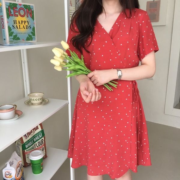 

print summer women dress knee-length red dot short sleeve casual ol es femme elegant es v neck 210423, Black;gray