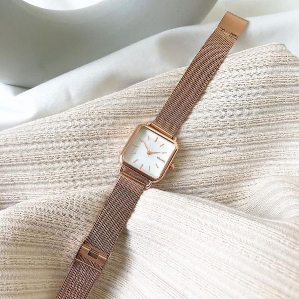 

wristwatches frauen fashion square uhren minimalistischen design damen quarz wrsitwatches ulzzang gold silber edelstahl mesh-armband uhr, Slivery;brown